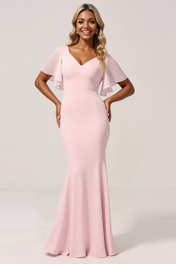 Mermaid Chiffon V-Neck Pink Bridesmaid Dress